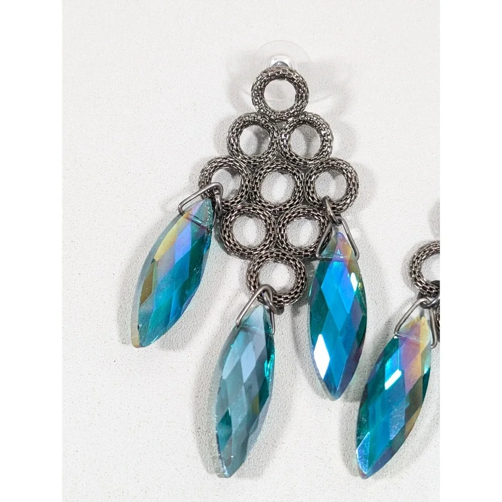 Gunmetal Mesh Chain Chandelier Earrings Green AB Crystal‎ Dangle